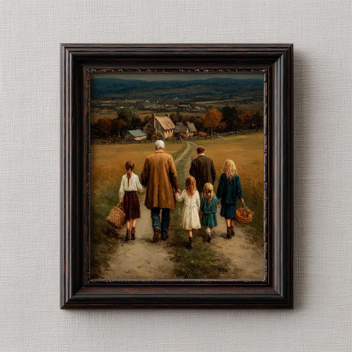 Family Walking Country Path Vintage Pastoral Cottage Landscape Print