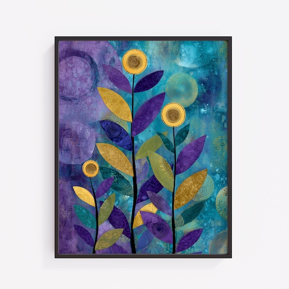 Bold Abstract Botanical Art Purple Gold Leaves Modern Floral Poster