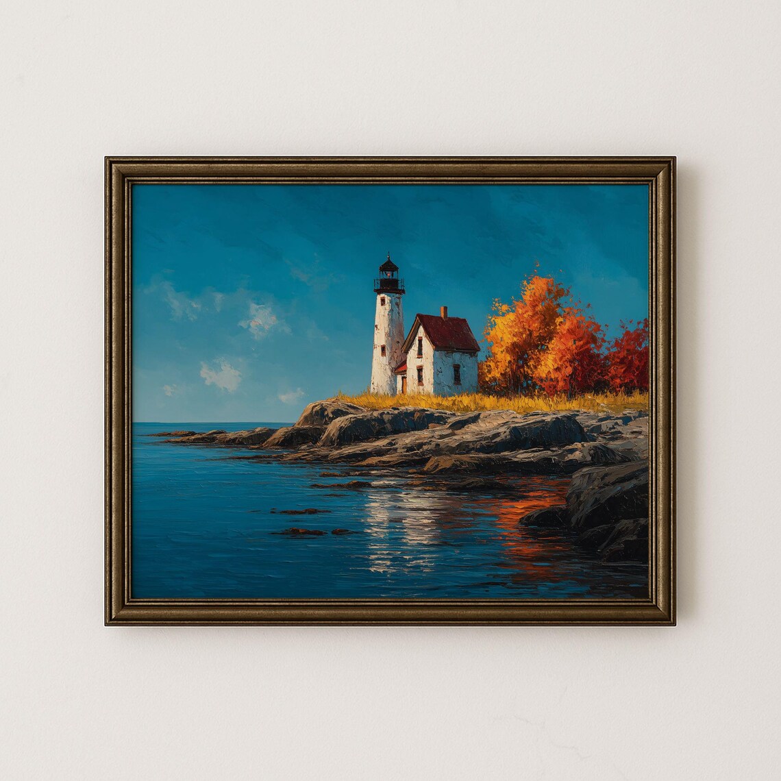 Autumn Lighthouse Rocky Coast Blue Sea Oil Painting Coastal Poster
