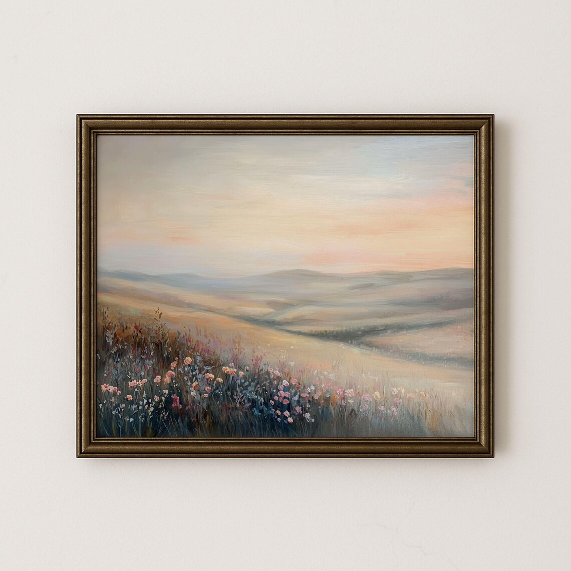 Rolling Hills Meadow Vintage Landscape Oil Painting At Dusk Poster