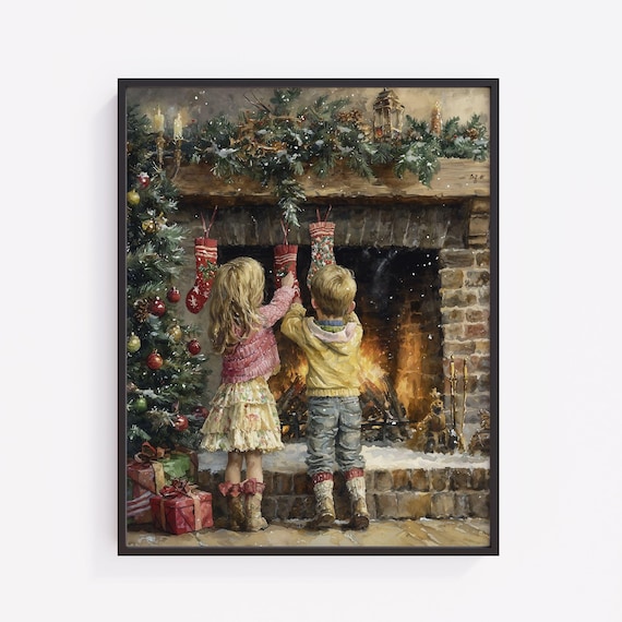 Christmas Eve Children Hanging Stockings Rustic Fireplace Vintage Poster
