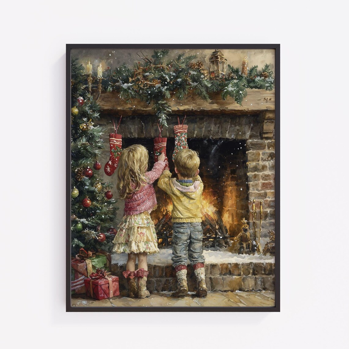 Christmas Eve Children Hanging Stockings Rustic Fireplace Vintage Poster