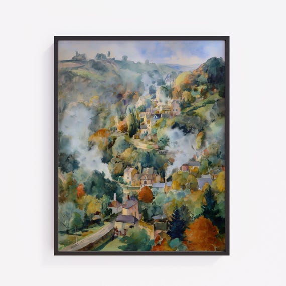 Autumn Village Watercolor Print Rustic Countryside Landscape V218