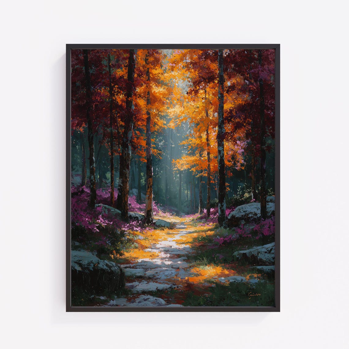 Autumn Forest Pathway Art Print Golden Light Landscape V108