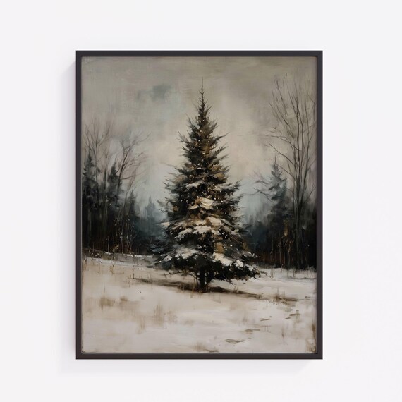 Moody Winter Landscape With Snowdusted Christmas Tree Rustic Festive Scene Neutral Forest Decor Art Serene Snow 450