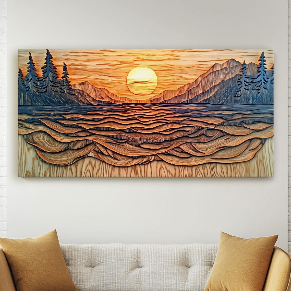 Layered Wood Beach Sunset Ocean Waves Carved Coastal Wall Art