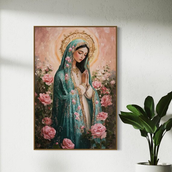Virgin Mary Catholic Print Gold Halo Roses Faithful Devotional Poster
