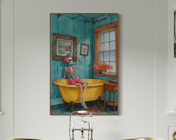 Skeleton Bathtub Quirky Halloween Art Funny Skeleton Bathroom Poster Wall Decor
