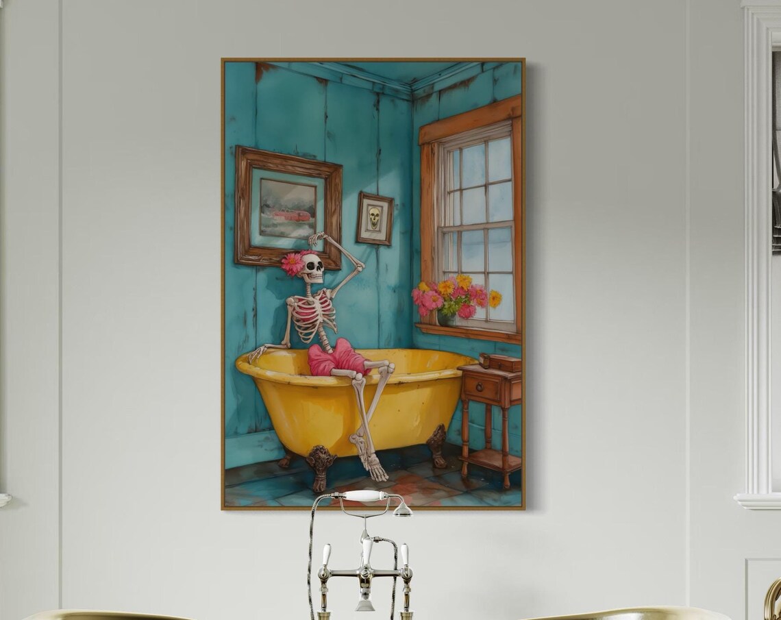 Skeleton Bathtub Quirky Halloween Art Funny Skeleton Bathroom Poster Wall Decor