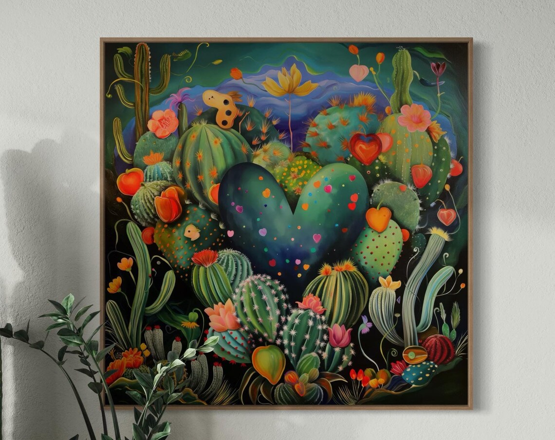 Whimsical Heart Shaped Cactus Garden Night Sky Desert Art Print