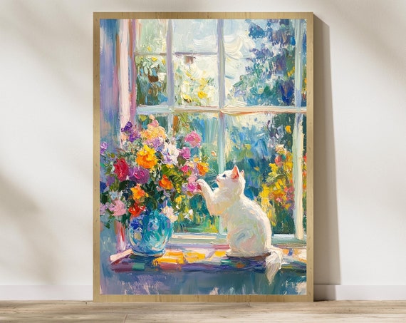 White Cat With Colorful Flowers Art Print Matisse Style Oil Painting Colorful Kitchen Decor Cat Mom Gift White Cat Painting Cat Poster