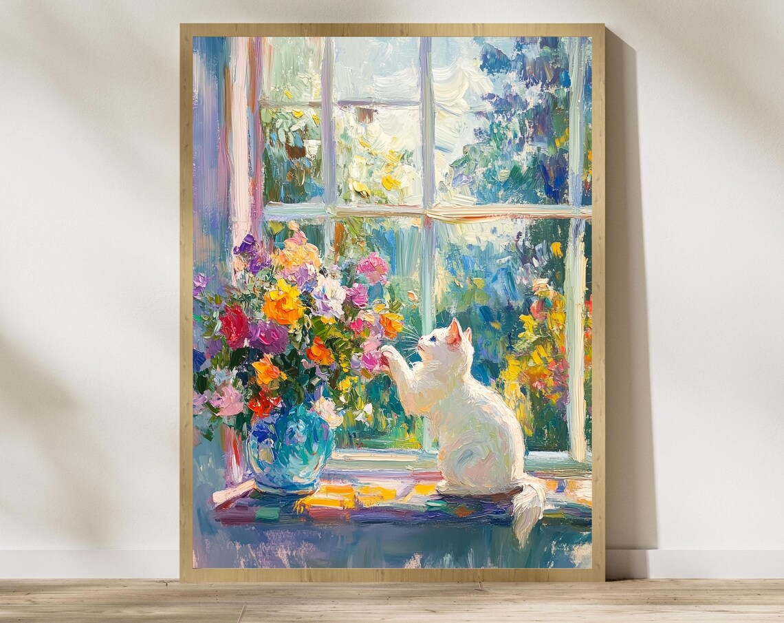 White Cat with Colorful Flowers Window Impressionist Oil Poster