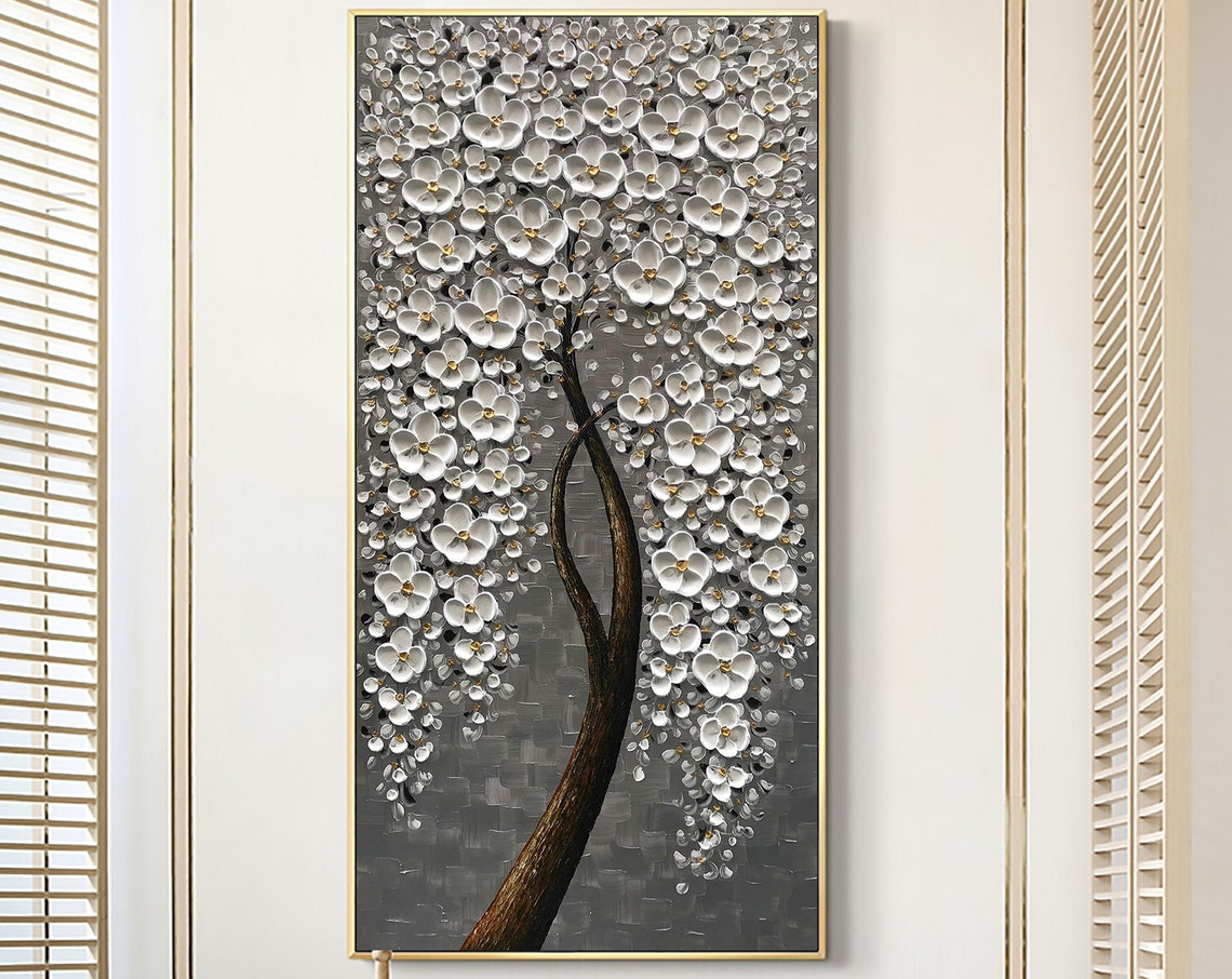 White Cherry Blossom Tree on Gray Vertical Oil Painting Art Print - Image 2