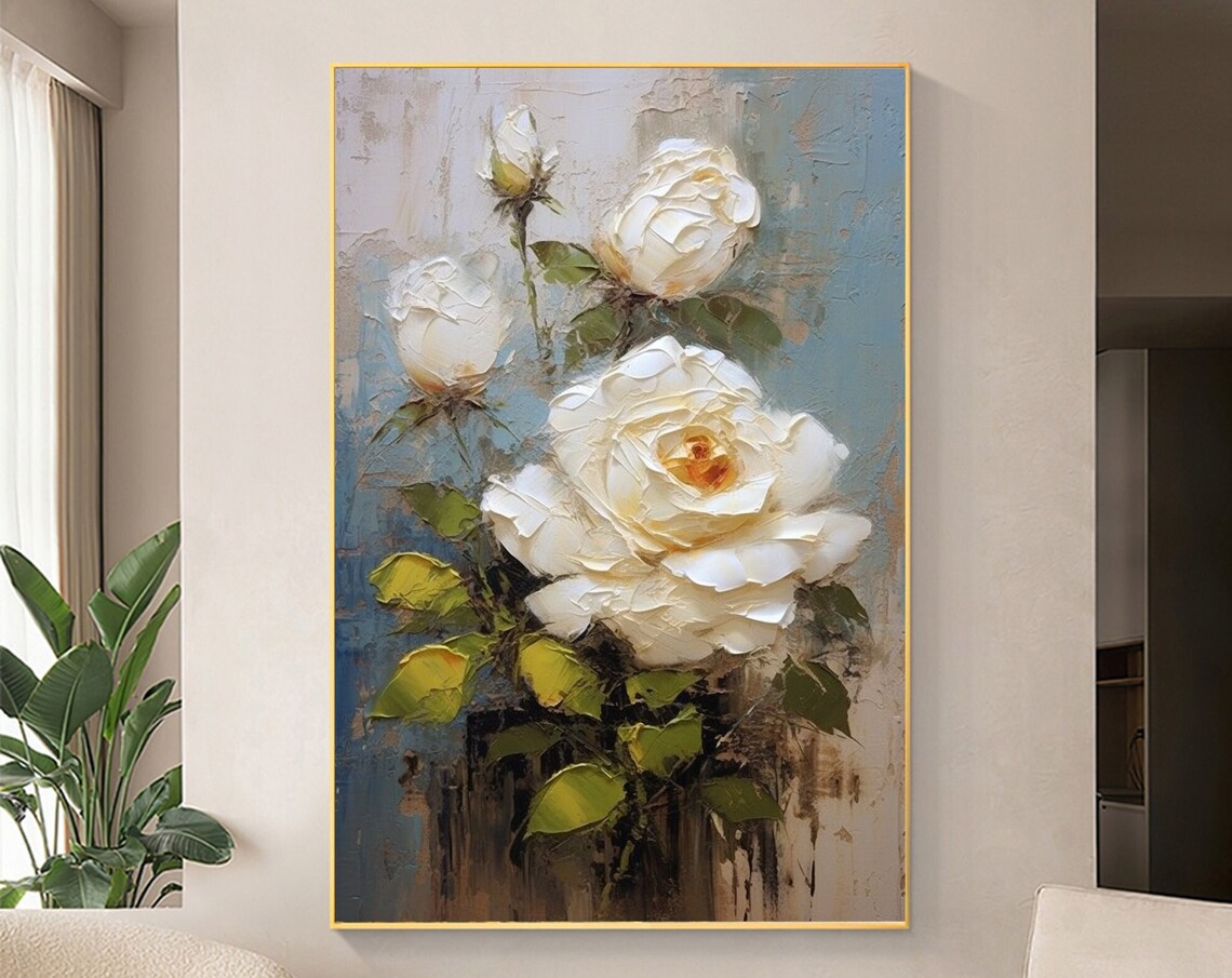 Elegant White Rose Stems Rising Over Soft Blue Grey Canvas Poster