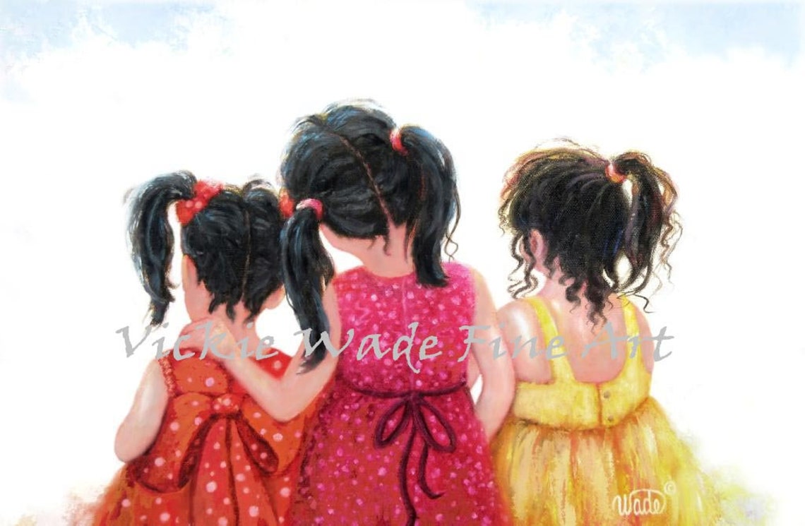 Three Sisters in Bright Colorful Dresses Seen from Behind Poster