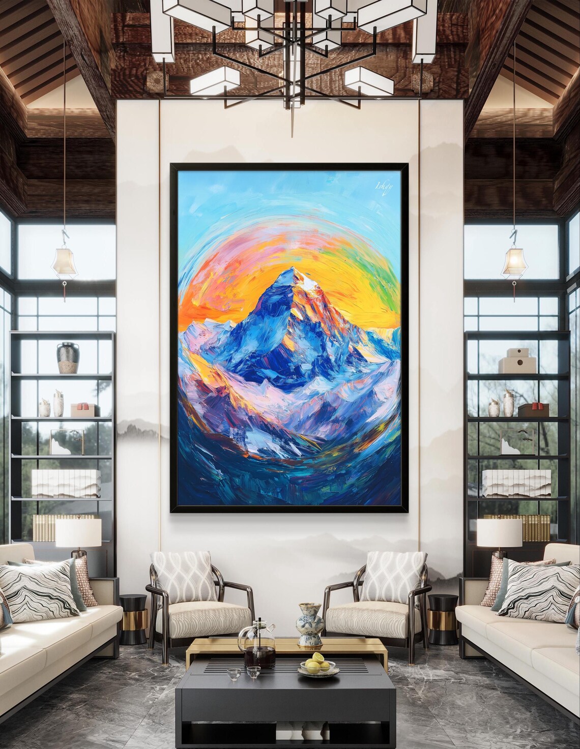Snow Capped Mountain Peak Fiery Sunset Swirl Expressive Poster - Image 2