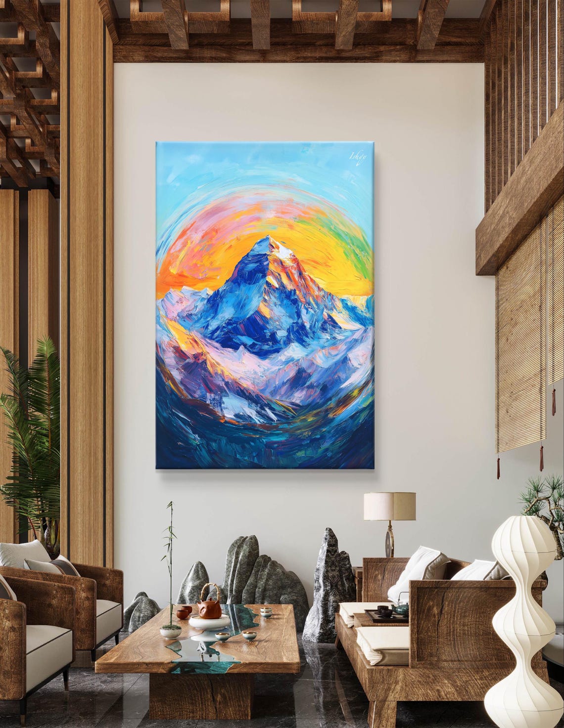 Snow Capped Mountain Peak Fiery Sunset Swirl Expressive Poster - Image 4
