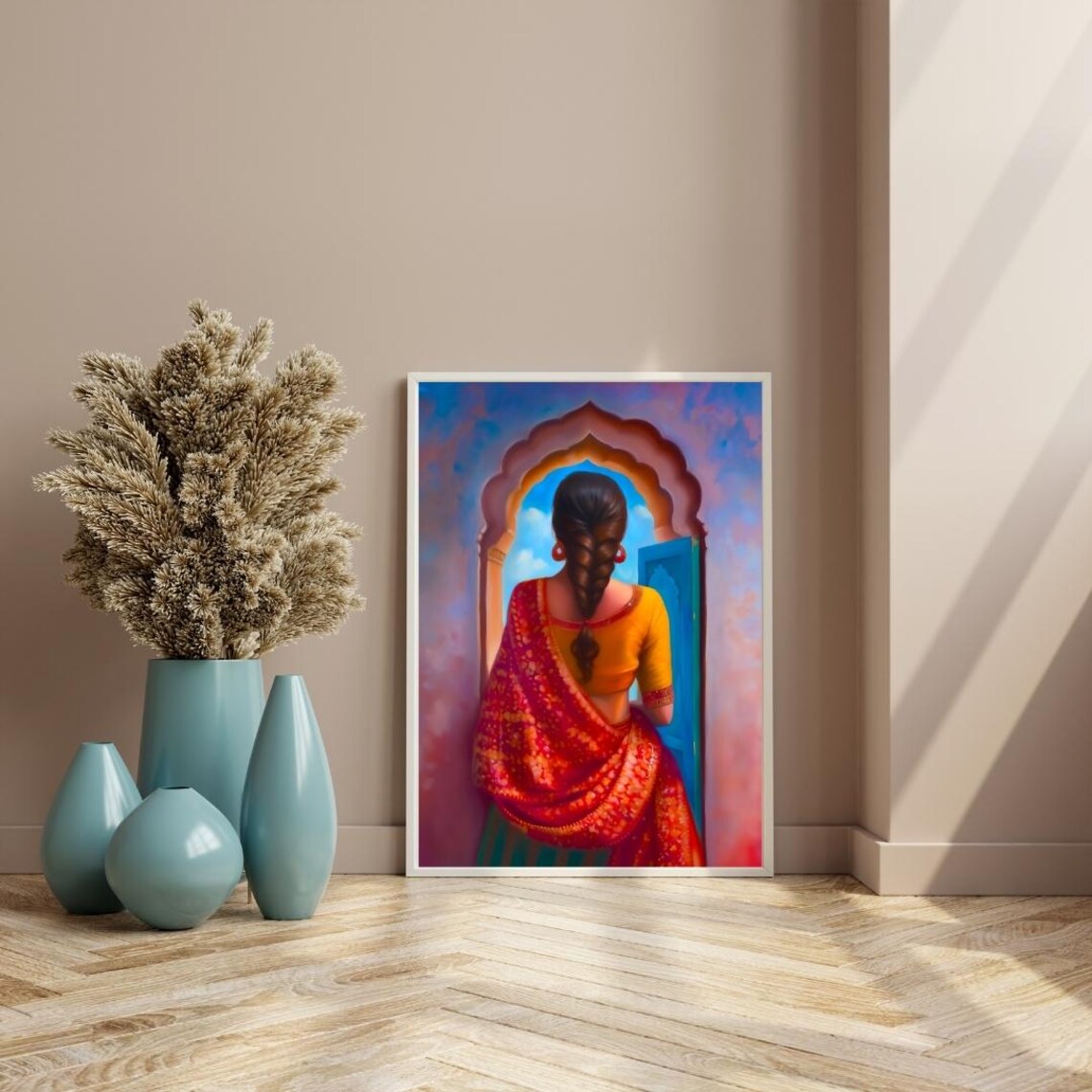 Punjabi Woman in Red Phulkari Saree at Arched Doorway Poster - Image 7