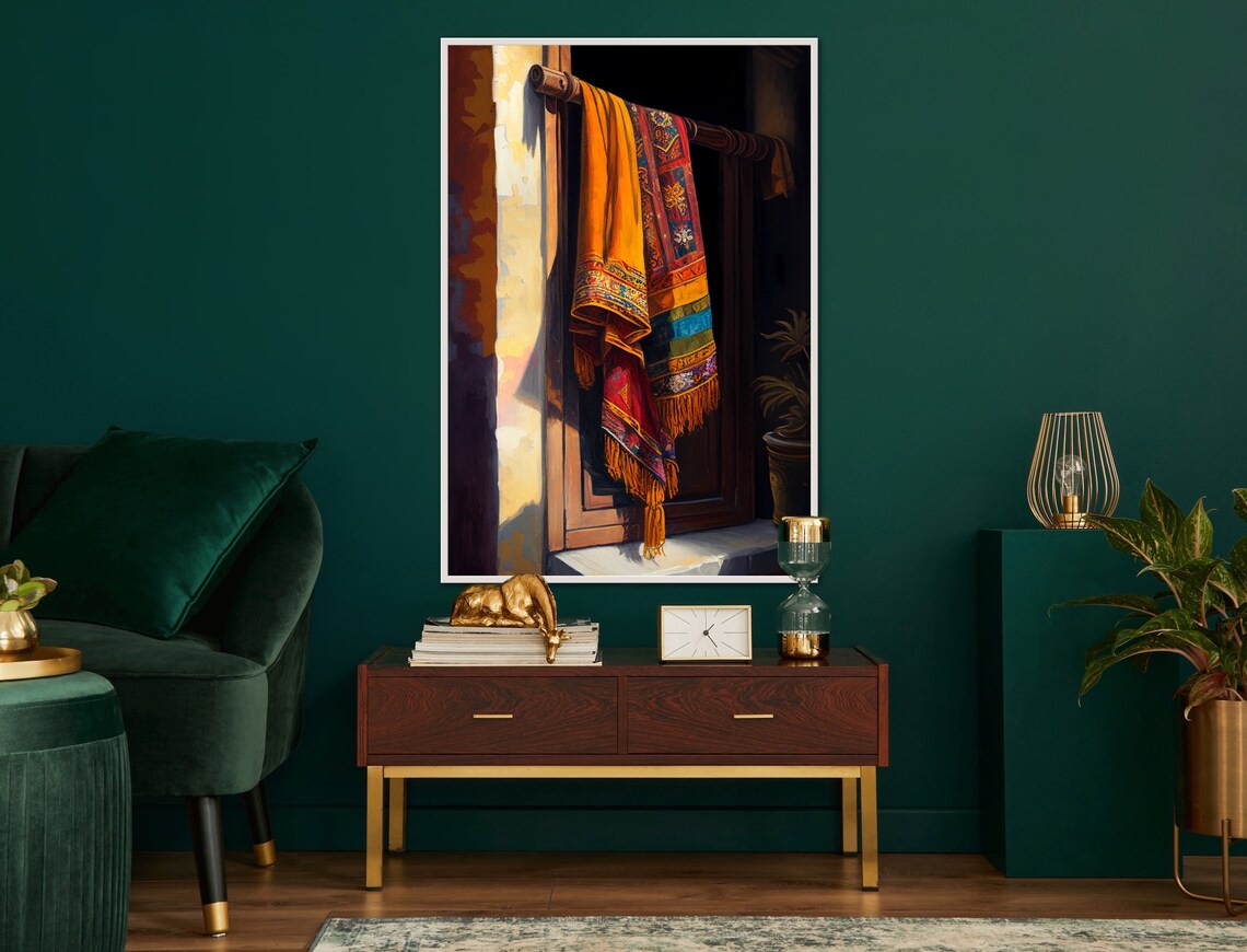 Embroidered Textiles Hanging Beside a Sunlit Wooden Doorway Poster - Image 2