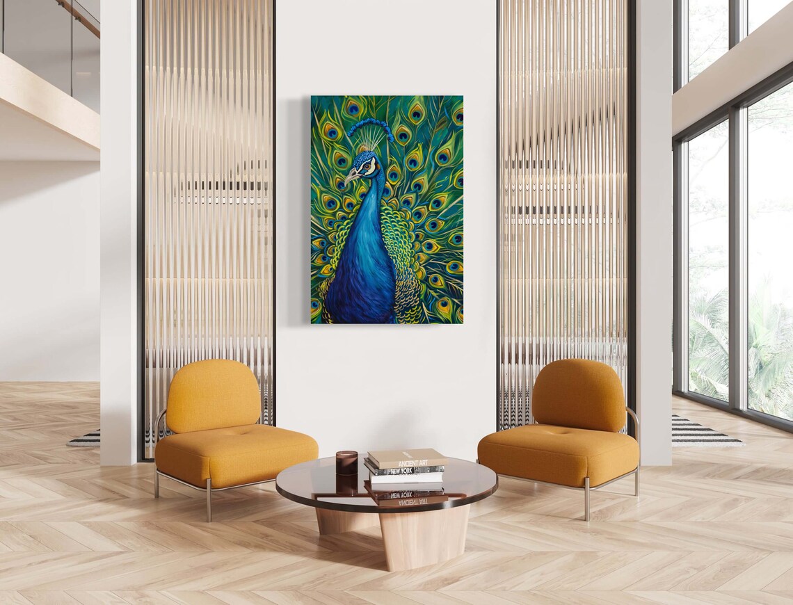 Peacock Portrait with Iridescent Feather Fan Painting Poster - Image 4