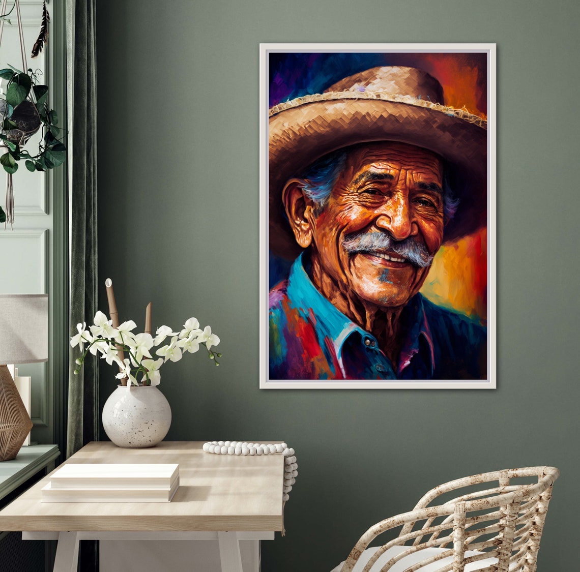 Smiling Elderly Mexican Man in Straw Sombrero Portrait Poster - Image 3