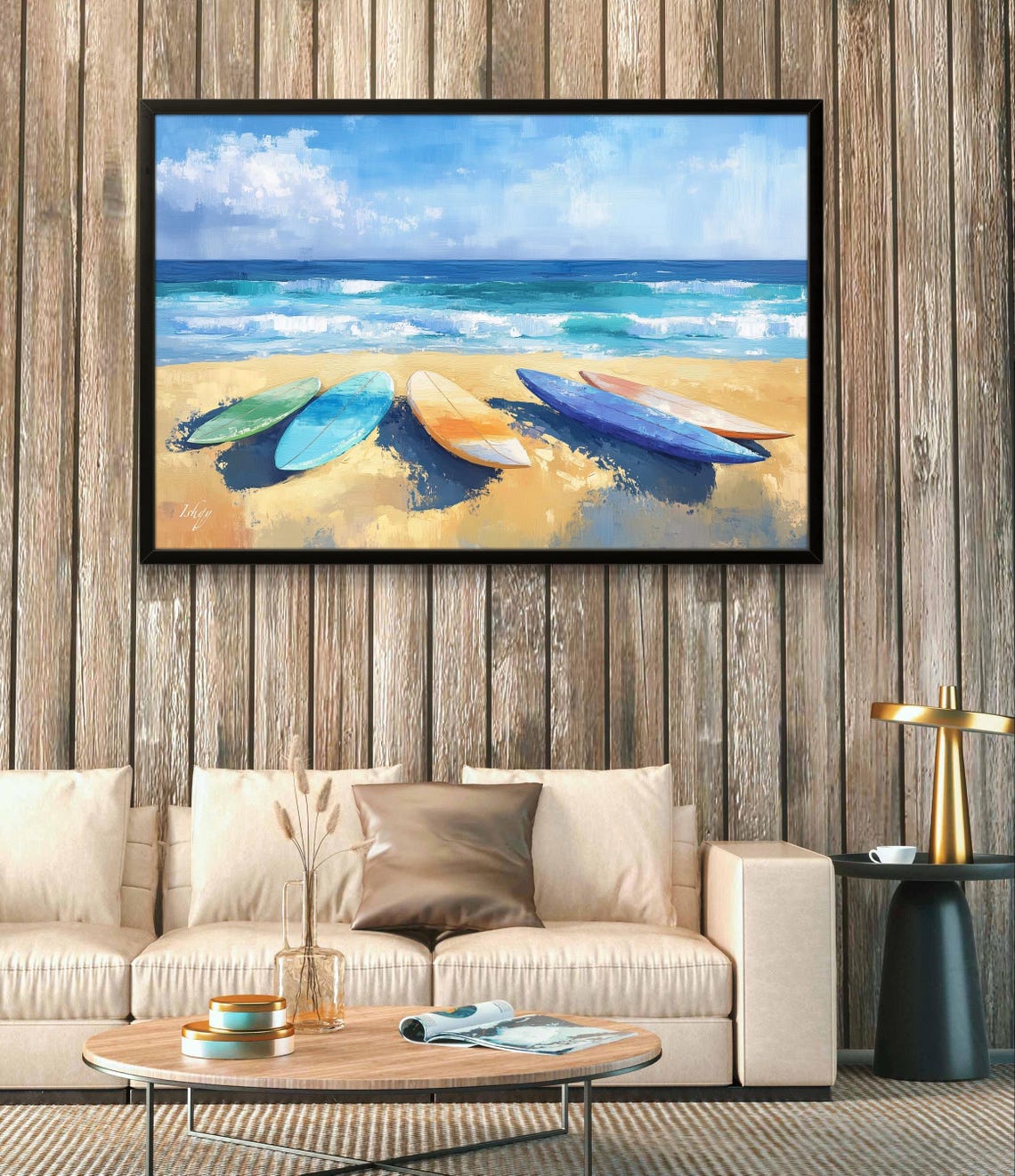 Surfboards On Beach Vibrant Coastal Ocean Wall Art Beach Scene Painting Tropical Home Decor Unique Living Room Artwork - Image 3