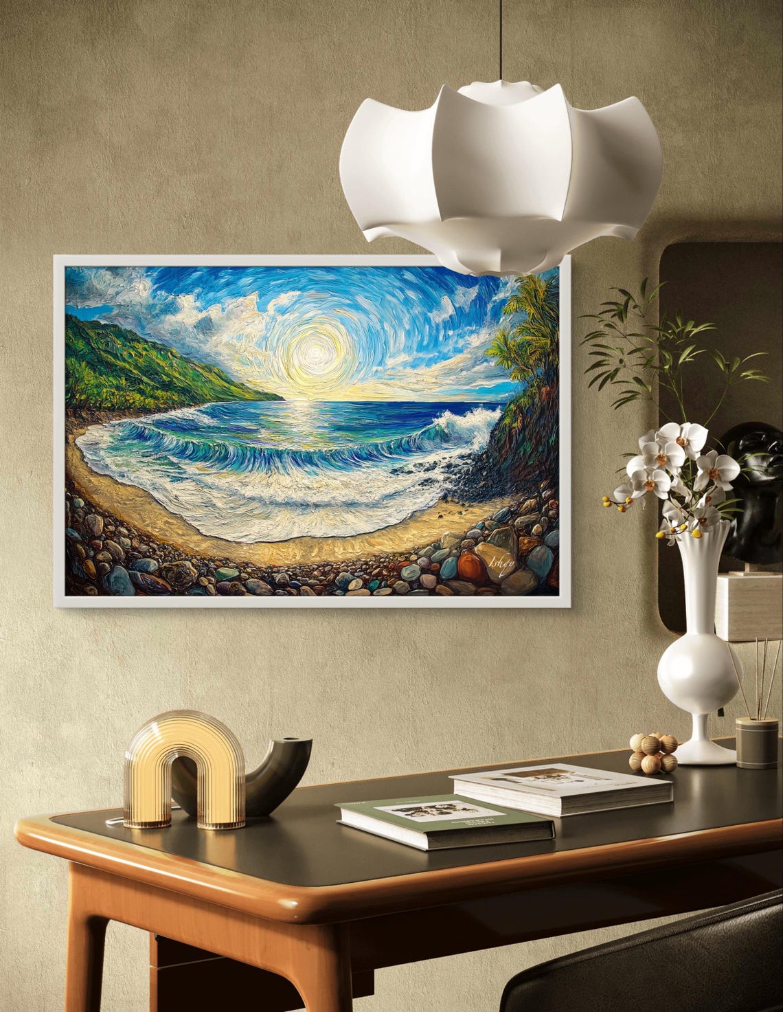 El Sunzal Beach Swirling Sun Over Ocean Waves Painting Poster - Image 4