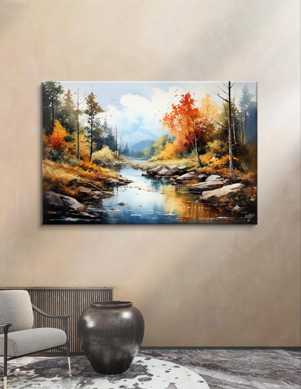 Autumn in New England Fall River and Forest Watercolor Poster - Image 4