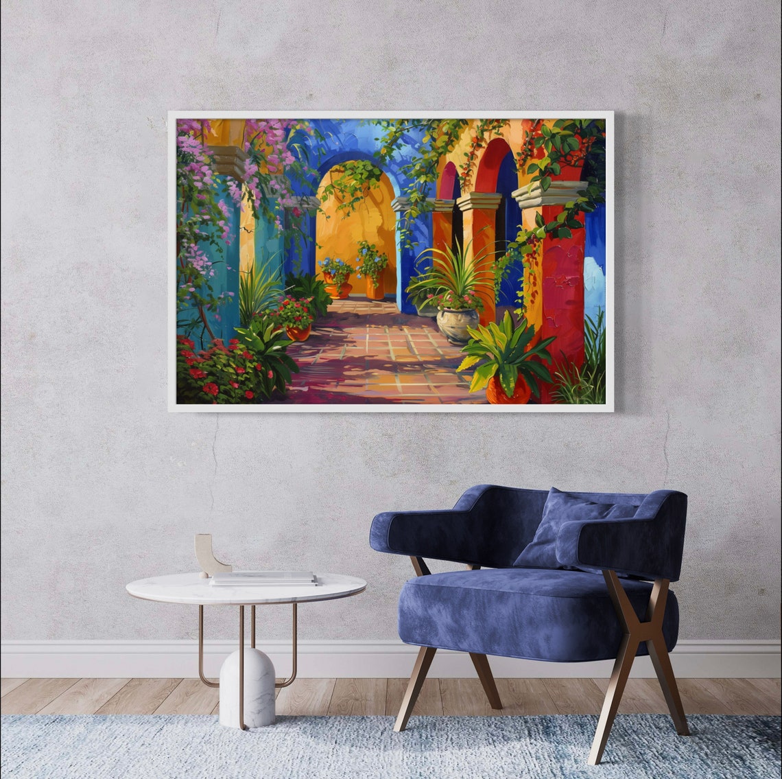 Cuernavaca Mexican Courtyard with Blue Arches and Flowers Poster - Image 3