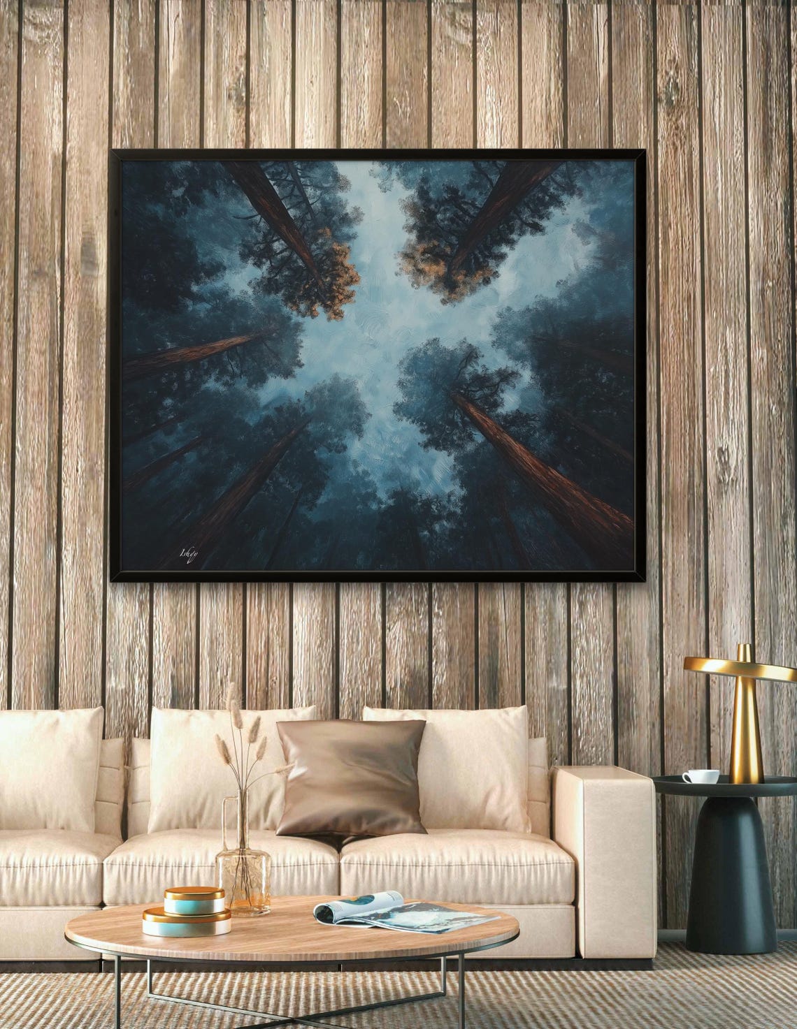 Soaring Redwoods Upward Canopy View Misty Blue Forest Scene Poster - Image 2