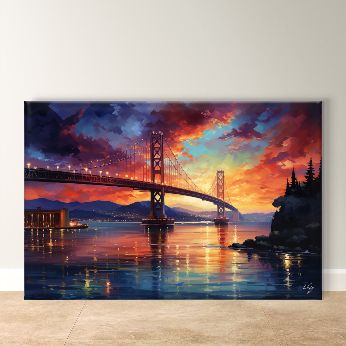 San Francisco Bay Bridge at Fiery Sunset Over Sparkling Water Poster