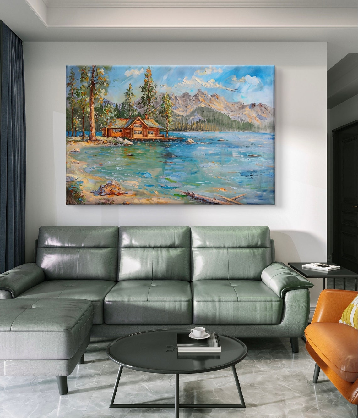 Lake Tahoe Lakeside Cabin with Pine Trees and Mountain Peaks Poster - Image 3