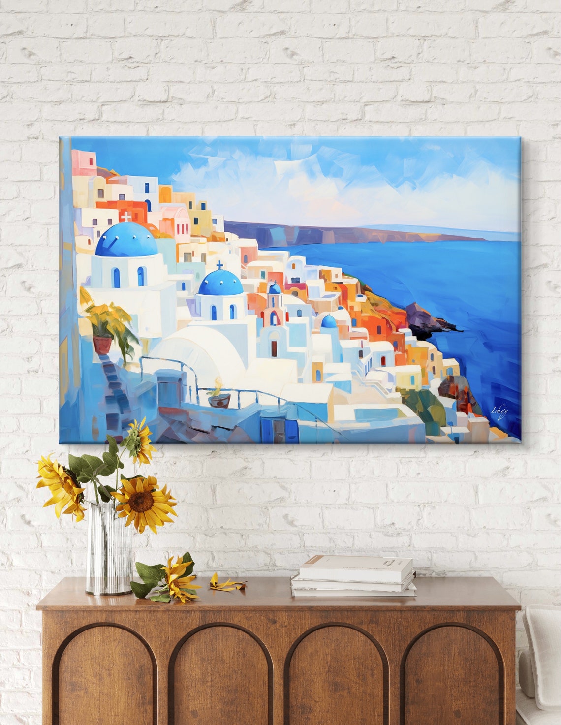 Santorini Blue Dome Churches Over the Aegean Sea Painting Poster - Image 6