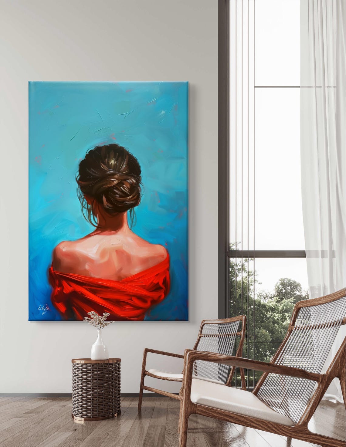 Woman in Red Off-Shoulder Dress Viewed from Behind Oil Art Poster - Image 4