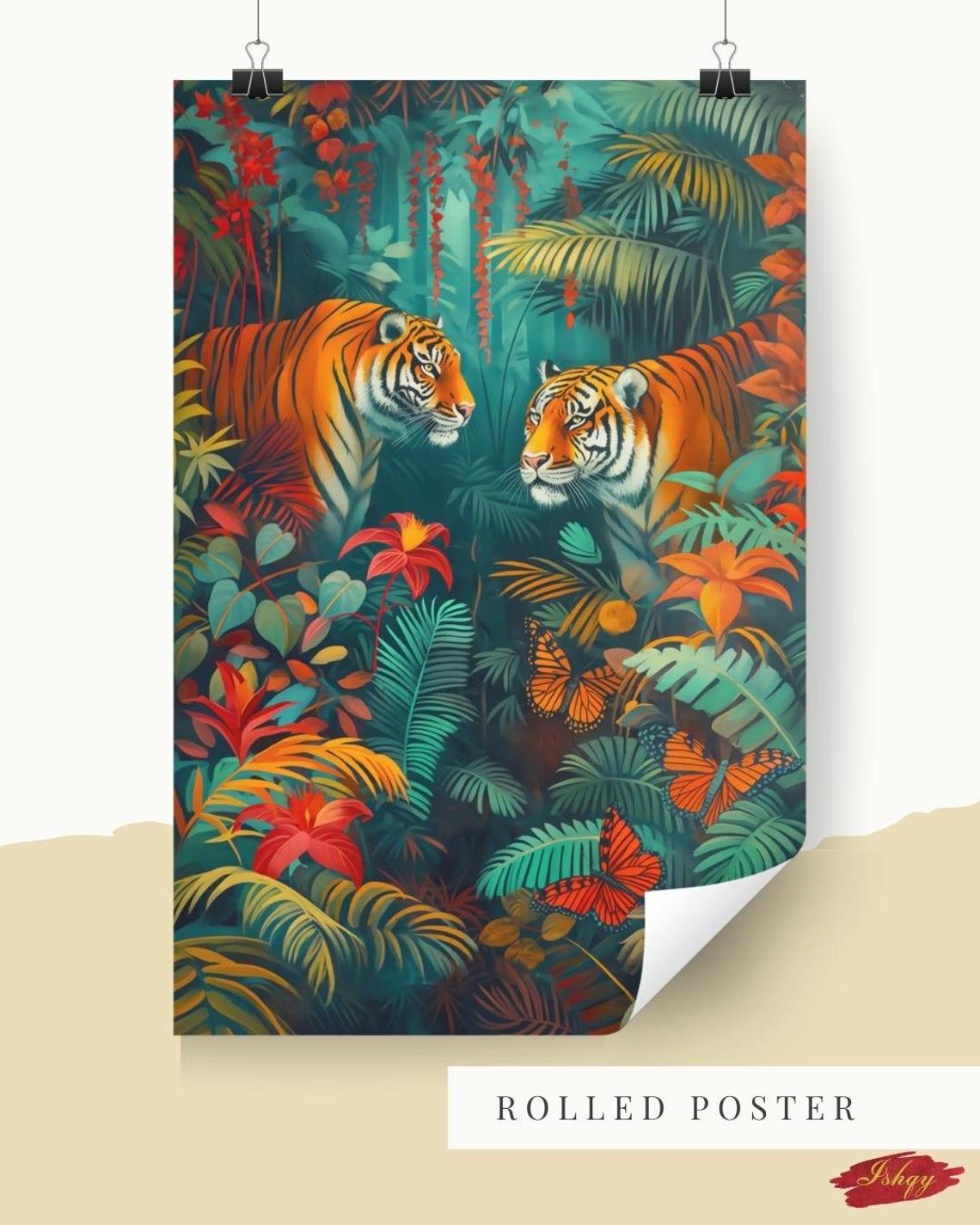 Two Tigers Facing Off In Lush Tropical Jungle Butterfly Art Poster - Image 3