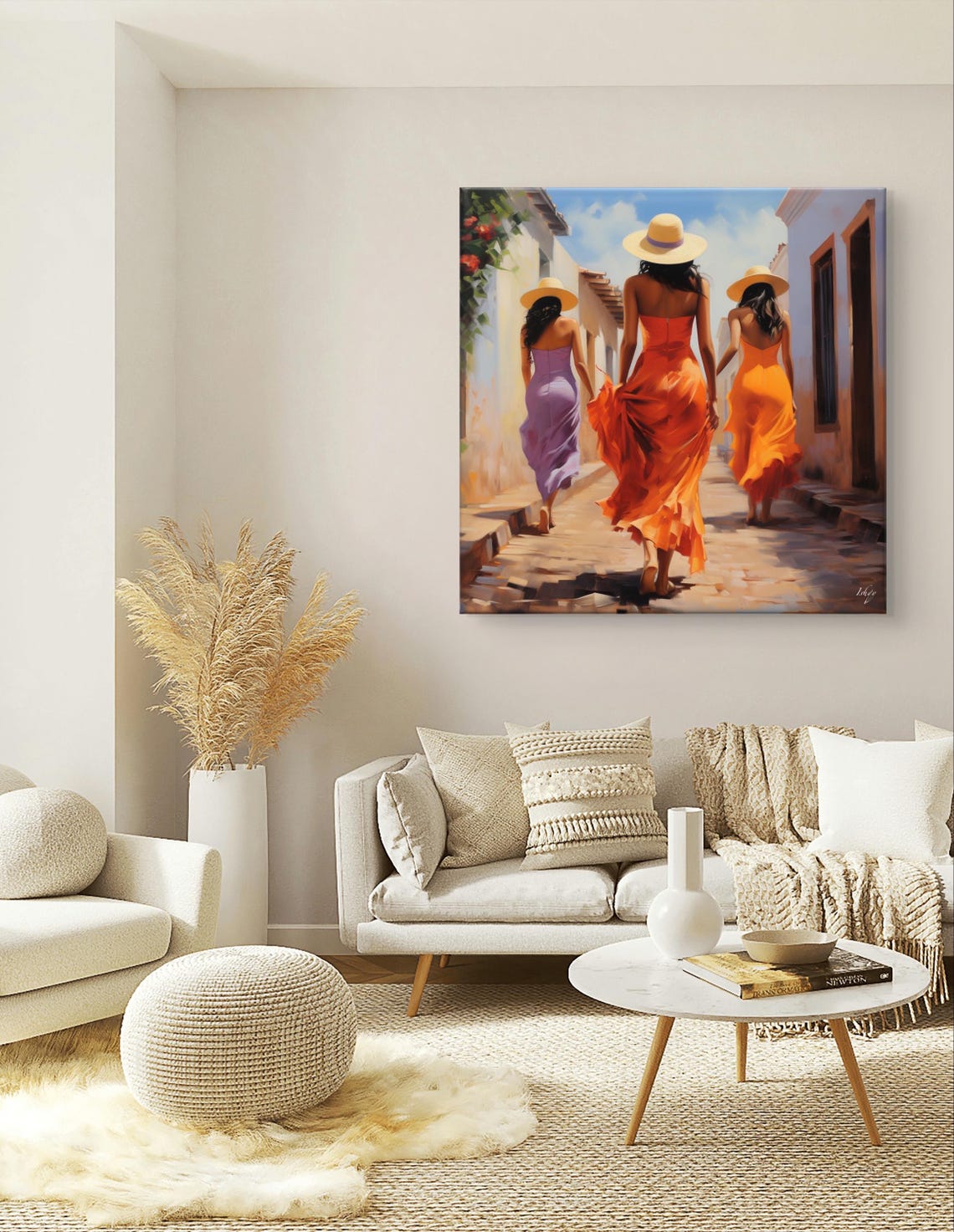Three Women in Colorful Dresses Walking Sunny Old Town Poster - Image 5