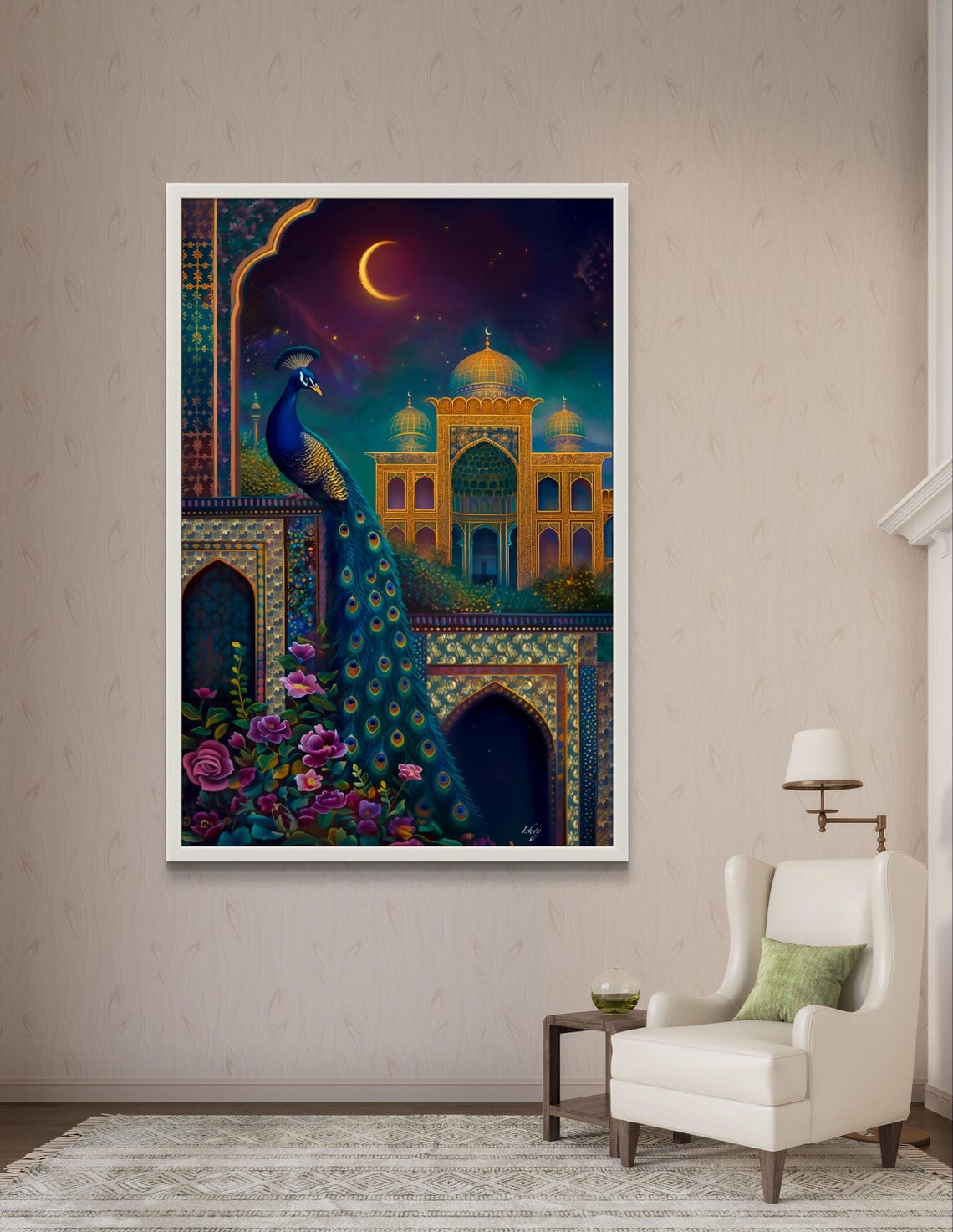 Peacock on Moonlit Indian Palace Crescent Night Royal Poster - Image 3