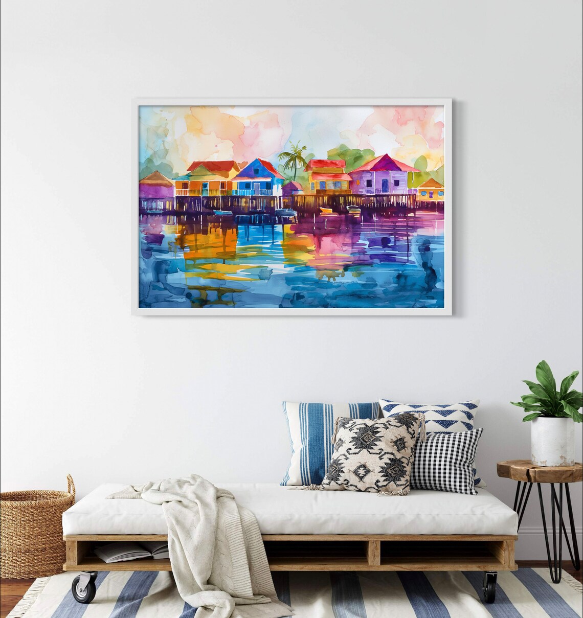 San Pedro Belize Stilt Houses Watercolor Reflection Art Poster - Image 3