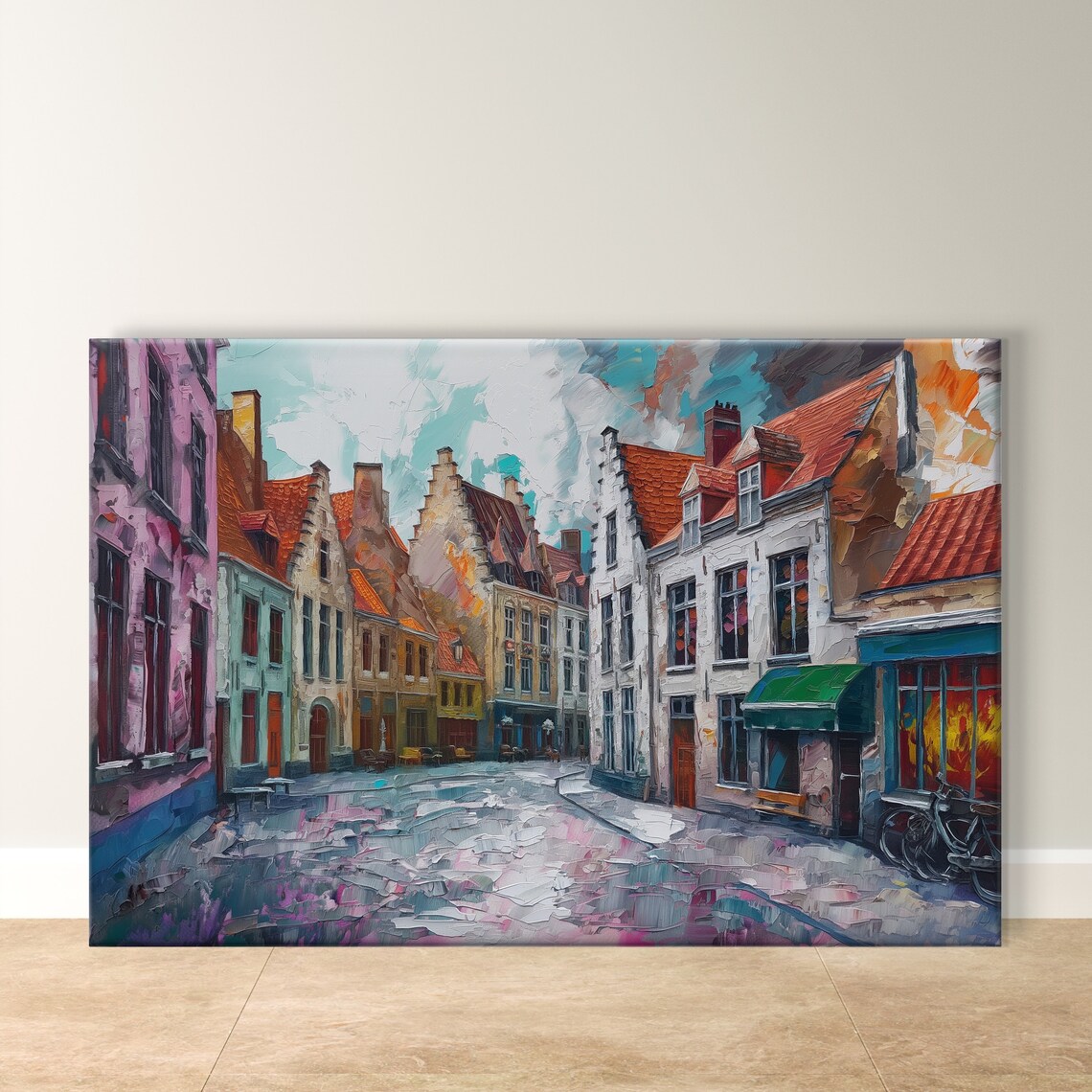 Bruges Wall Art Colorful Cityscape European Print Belgium Painting Print Historic Street Decor Old Town Travel Gift Idea