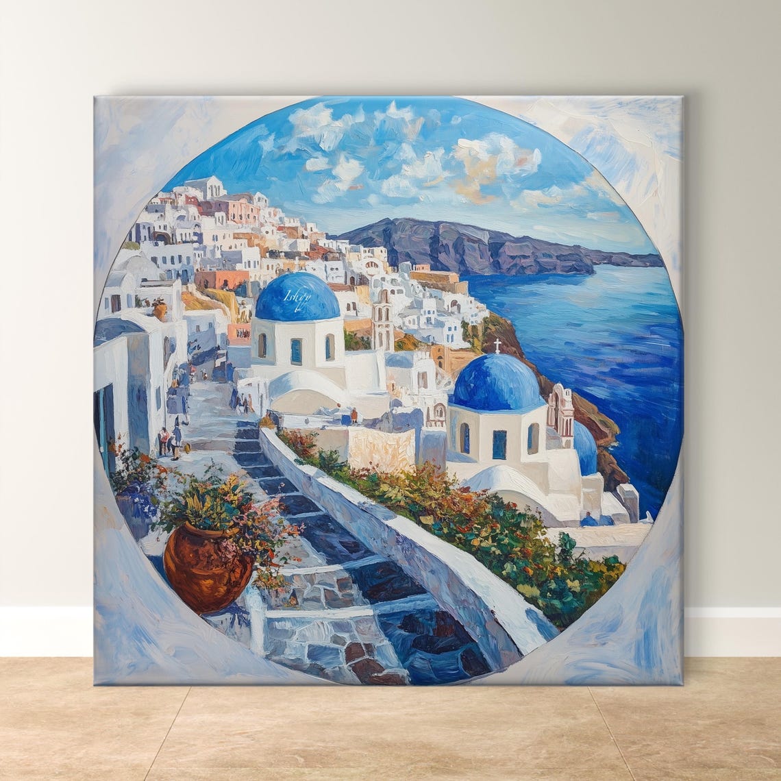 Santorini Greece Blue Domes Coastal Town Painting Art Poster
