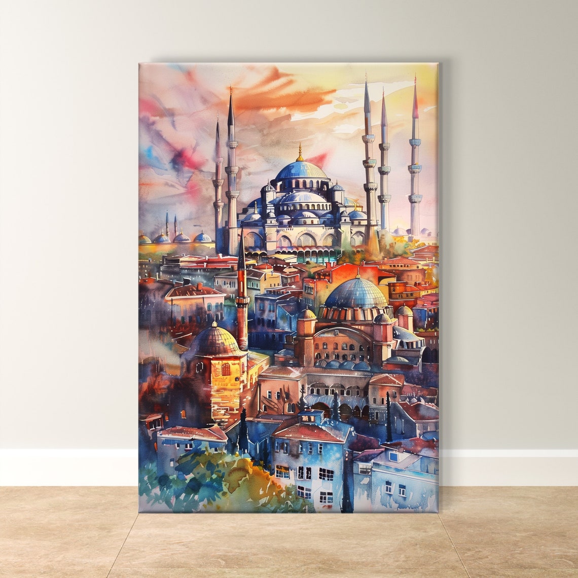 Istanbul Blue Mosque and Old Town Skyline Watercolor Sunset Poster