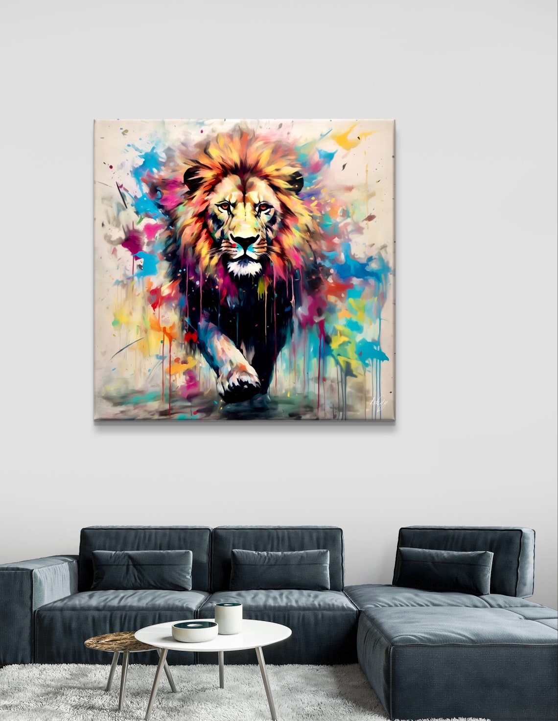 Lion Walking Forward in Vibrant Watercolor Splash Artwork Style Poster - Image 5