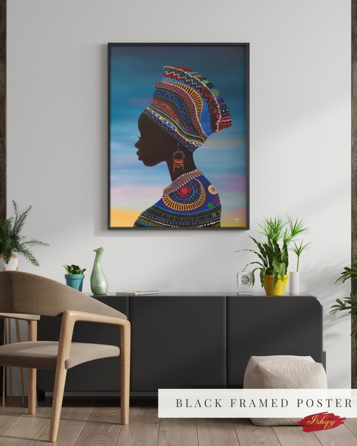 African Woman Profile with Patterned Headwrap Tribal Portrait Poster - Image 2