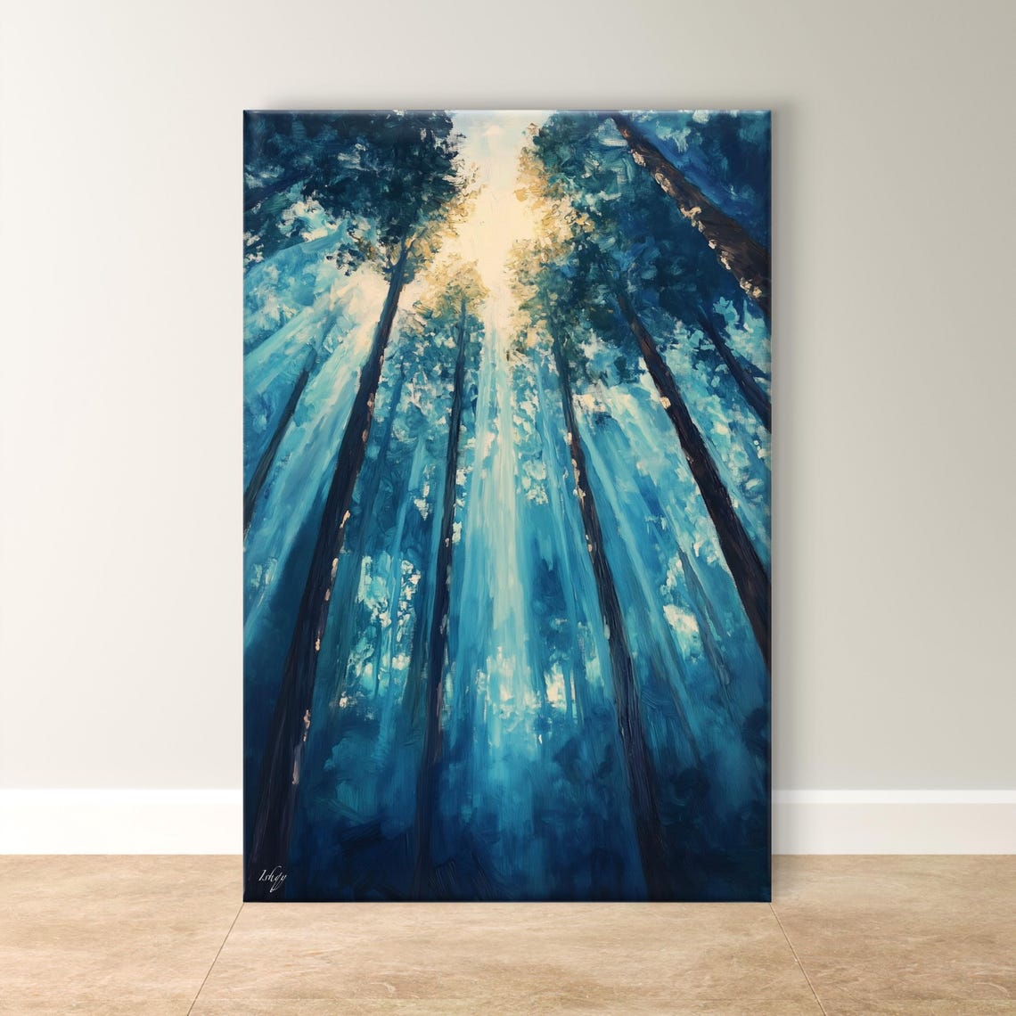 Forest Dawn Sunbeams Blue Pine Trees Magical Golden Light Poster