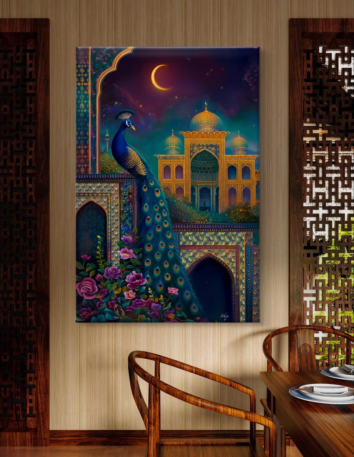 Peacock on Moonlit Indian Palace Crescent Night Royal Poster - Image 7