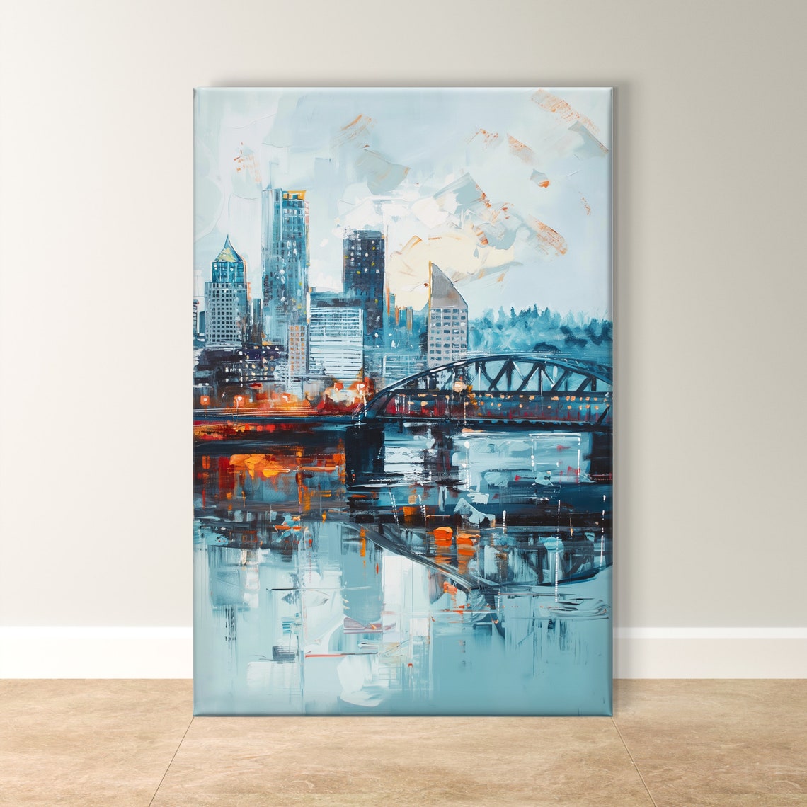 Portland Oregon Skyline Bridge River Reflection Cityscape Art Poster