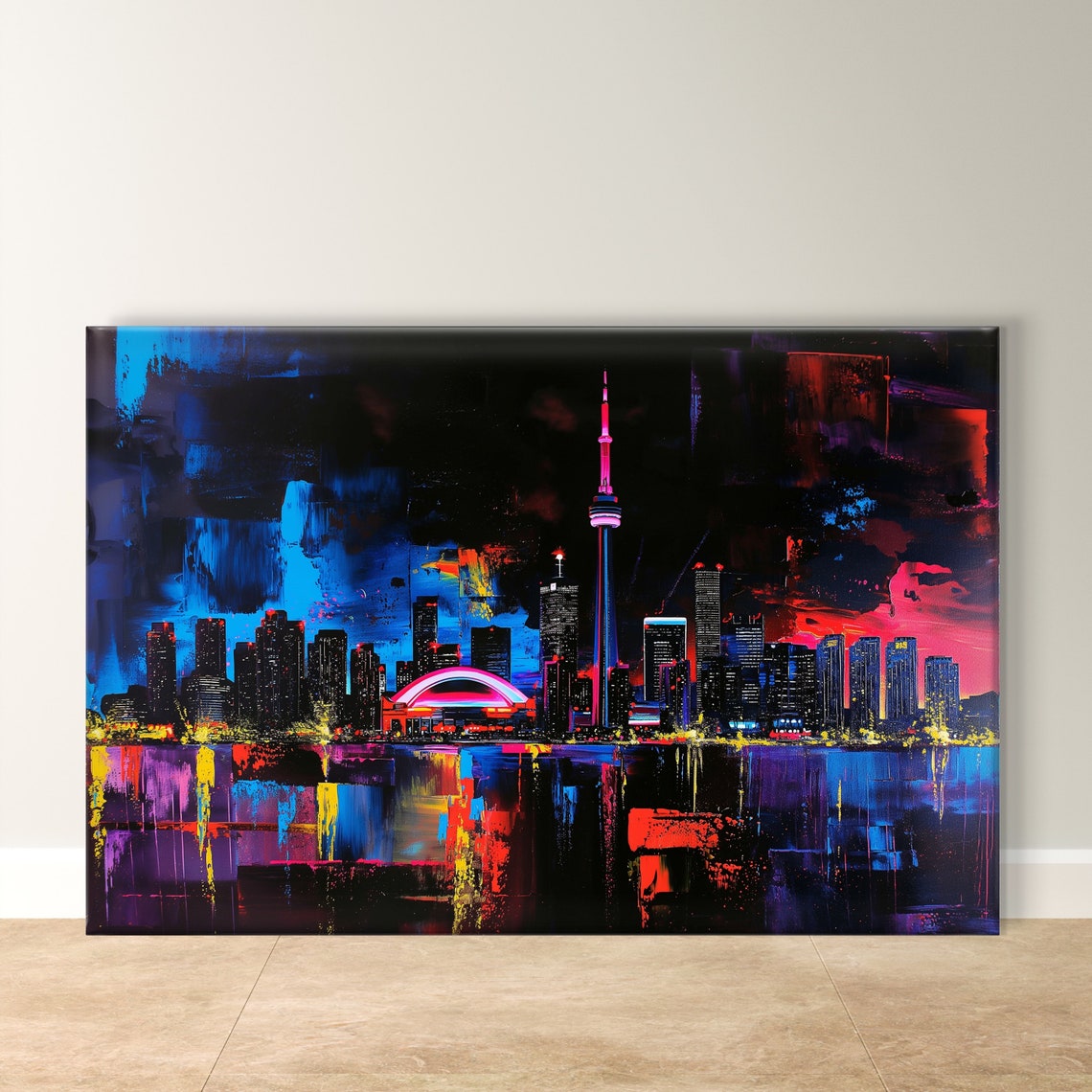 Toronto Skyline at Night with CN Tower and Glowing Reflections Poster