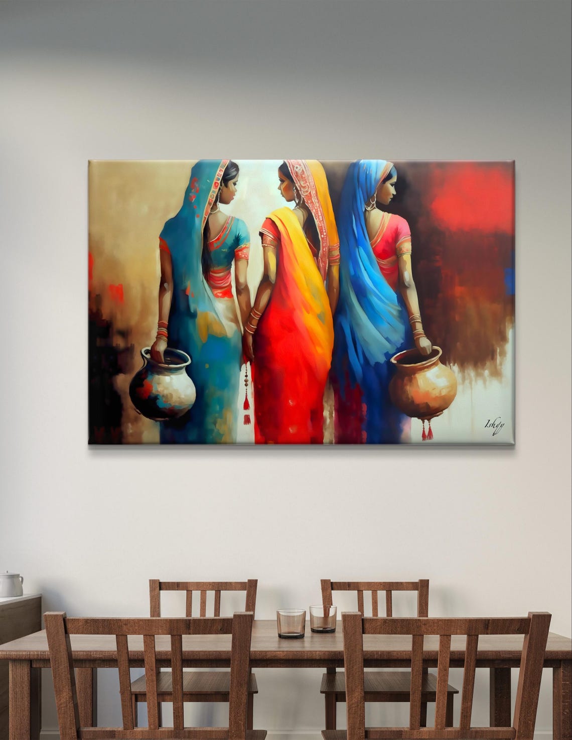 Three Indian Women in Bright Sarees Holding Water Pots Poster - Image 6