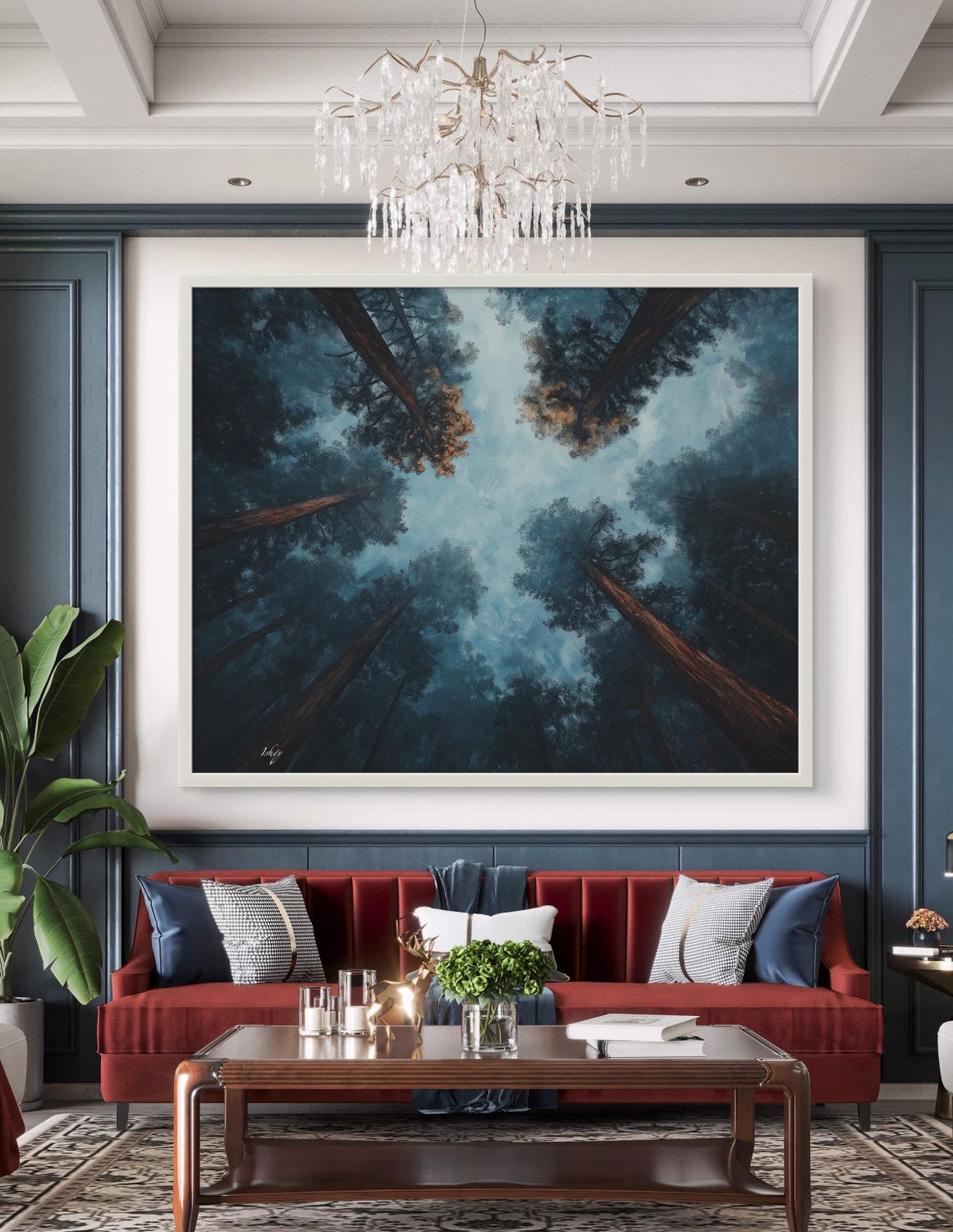 Soaring Redwoods Upward Canopy View Misty Blue Forest Scene Poster - Image 3