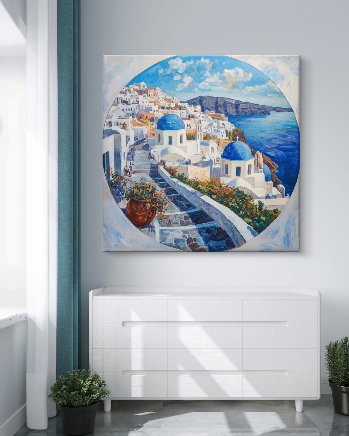 Santorini Greece Blue Domes Coastal Town Painting Art Poster - Image 7